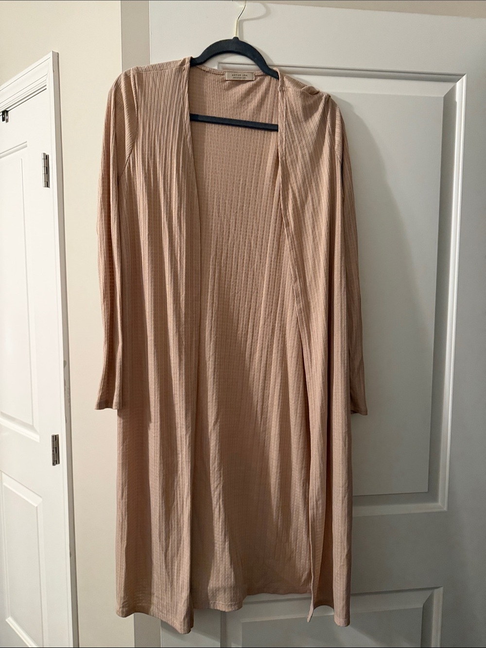 Active USA Long Ribbed Open-Front Robe in Nude Blush